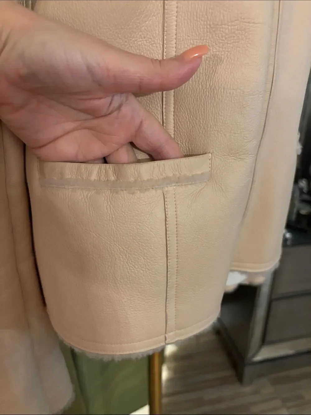 CHANEL Cream Shearling Zip Leather Jacket, US4
